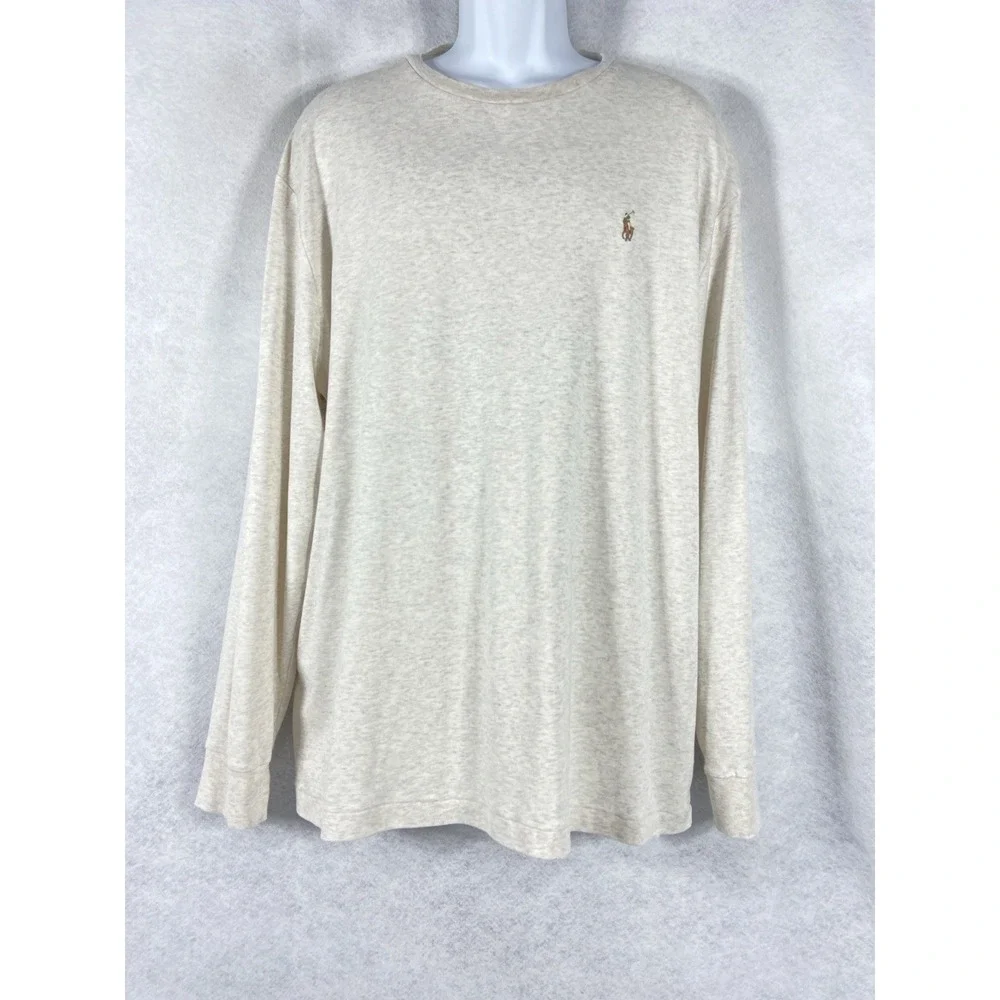 Polo Ralph Lauren Shirt Men's XL Beige T-Shirt Long Sleeves Cotton Crew Neck